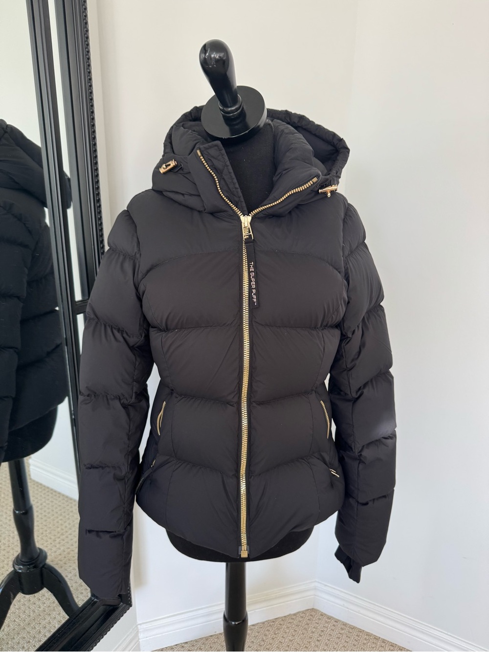 Aritzia Black Hooded Quilted Puffer with Gold Zippers